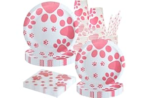 Pink Dog Paw Prints Party Supplies Theme Tableware Set Including Pink Dog Paw Paper Plates Cups Napkins Straws for Dog Birthd