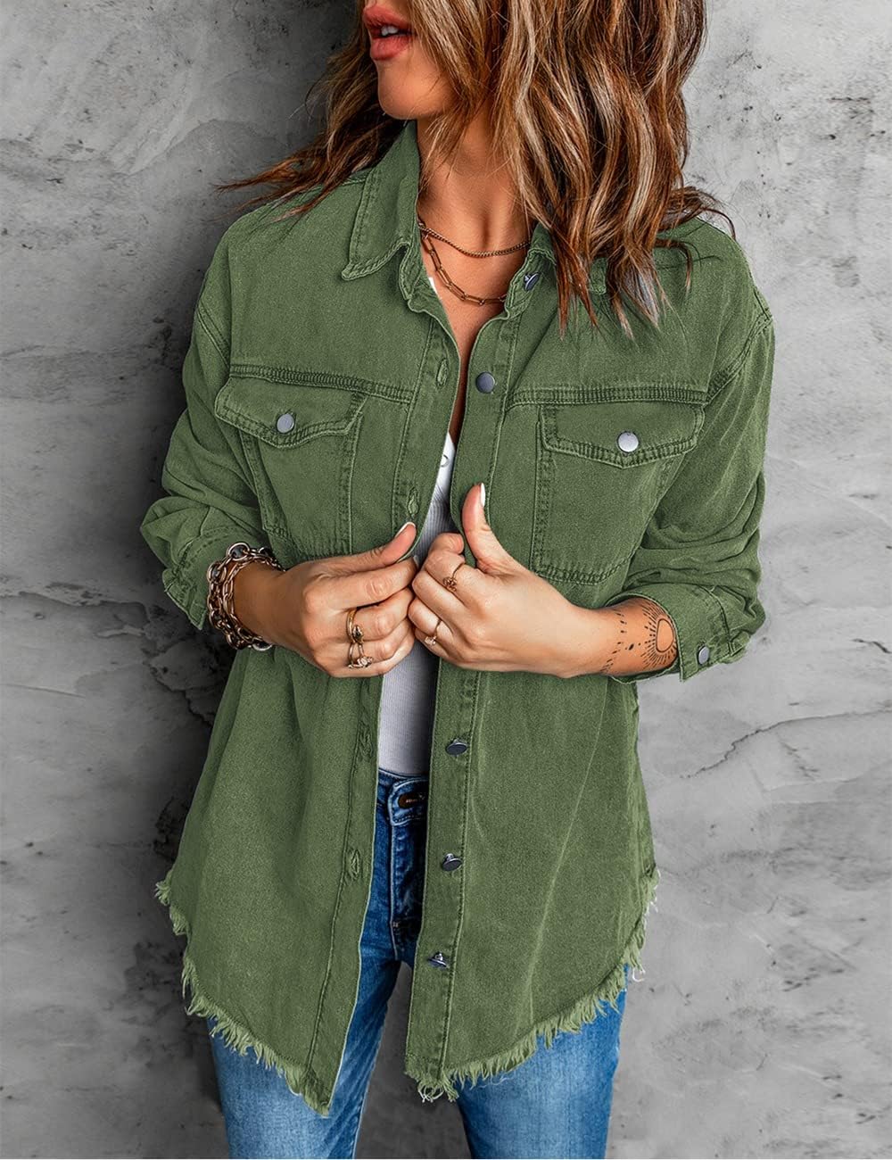 Vetinee Women’s Oversized Button Up Frayed Hem Shacket Long Sleeve Pockets Denim Jean Jacket