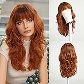 Novastel Long Wavy Curly Wine Auburn Human Hair Wigs with Bangs for Women Heat Resistant Natural Look Lightweight Daily Party Cosplay (Wine Auburn,22 Inch)