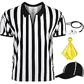 FancyFun 4 Pcs Referee Shirt, Ref Shirt Zipper Collar Referee Costume Men Women Ref Whistle Hat Penalty Flag for Football Soccer