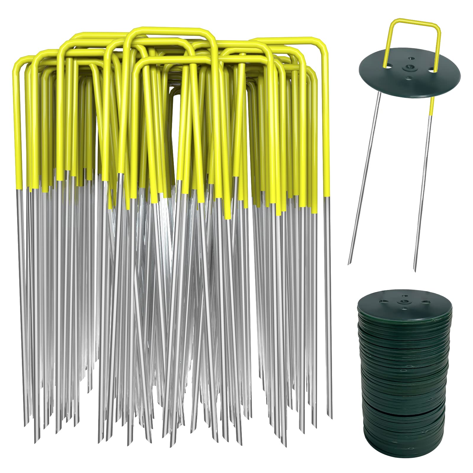 AGAKY U Shaped Securing Garden Pegs for Membrane, Anti-Rust Membrane Pegs, Garden Staples Galvanized for Artificial Grass, Landscape Netting, (40 Half Yellow Pegs & 40 Buffer Washer)