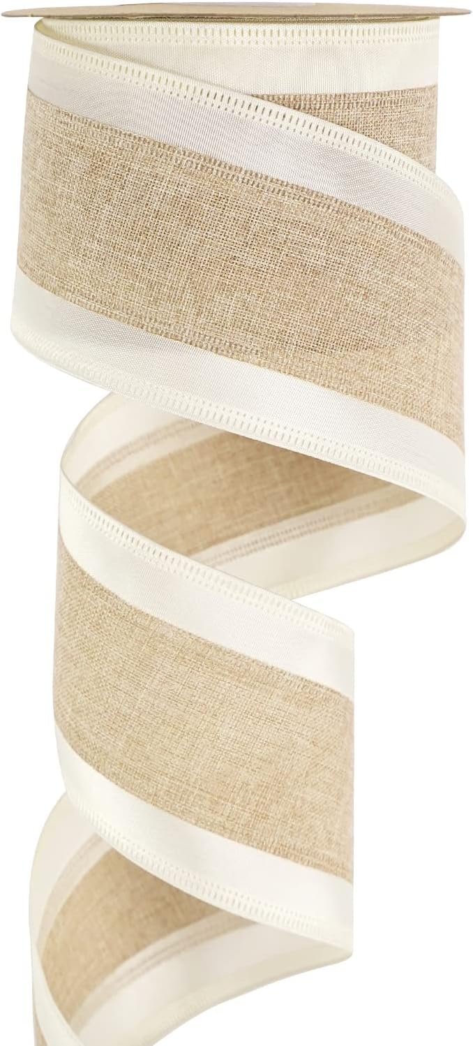 Bows & Ribbons - MEEDEE Burlap and White Stripe Ribbon 2.5 Inch Burlap Wired Ribbon with Ivory Satin Edge Burlap Stripe Wired Ribbon for Wreath Garland Topper Bow Making Fall Christmas Wedding Decorations (10 Yards)