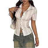 SweatyRocks Women's Striped Button Down Blouse Sexy Collar Short Sleeve Summer Shirt Tops