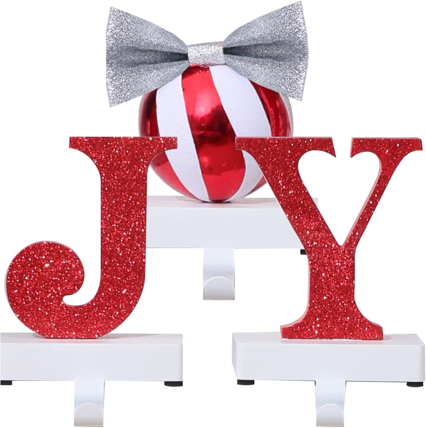 Stockings & Holders - UNIQOOO Candy Cane JOY Christmas Stocking Holders, Large 3Pcs Mantel Hook Set, Base Pads, Ribbons, Holds 2 Lb, Red Glitter Foiled Letters, Xmas Fireplace Decoration Stocking Hangers for Garland Wreath
