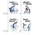 TOARTi Funny Shark Framed Canvas Bathroom Toilet Wall Decor (Set of 4, 8 x 10 inches), Ocean Blue Shark Bathroom Rules Art Print for Nursery Kids, Wash Brush Flush Bath Sign Poster