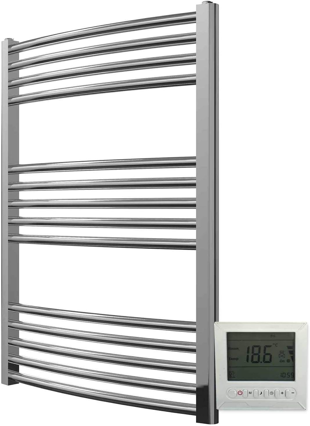 Greened House Electric Chrome 600W x 800H Curved Towel Rail + Timer and