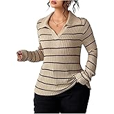 OYOANGLE Women's Plus Size Ribbed Striped Collared Sweater Long Sleeve Fitted Pullover Tops