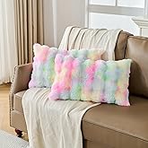 Animebody Set of 2 Rainbow Faux Fur Fluffy Throw Pillow Cases, Plush Rabbit Fur Cushion Covers,Tie Dye Velvet Fuzzy Decorative Pillow Covers for Bed Couch 20x26 Inch Pillowcases