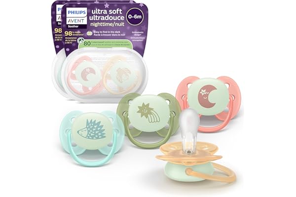 Philips Avent Ultra Soft Nighttime Pacifiers - Orthodontic Design, for Babies 0-6 Months, Glow in the Dark, Flexible Shield,