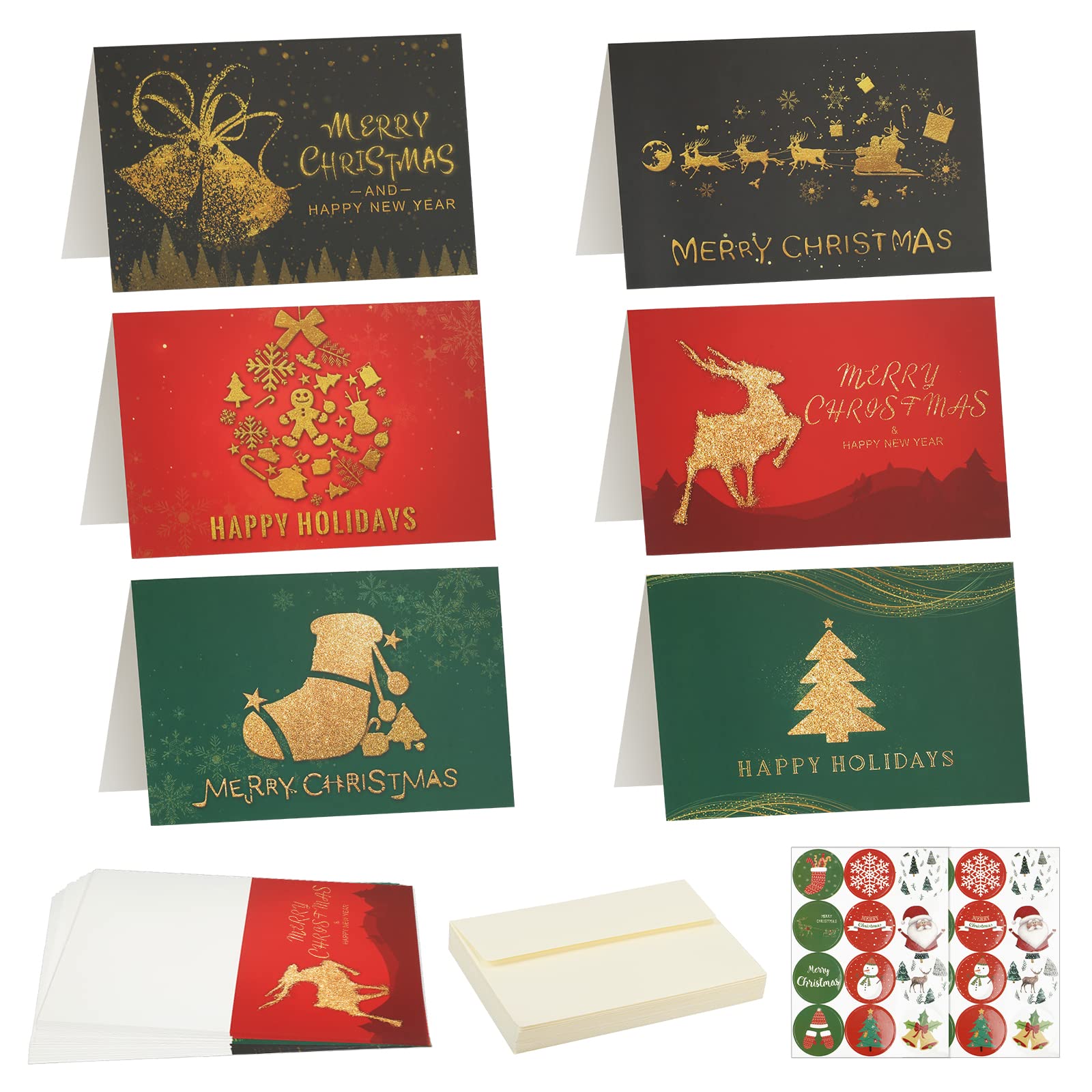 HONMOK Pack of 24 Charity Christmas Cards 2023, Xmas Greeting Cards with Blank Envelopes and Stickers, Christmas Invitation Cards 2023, Xmas Tree Elk Snowflake Cards for Family Friends