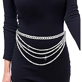 TIESOME Layered Sparkly Rhinestone Chain Belt, Adjustable Bohemian Waist Belt Silver Rhinestones Belly Waistband for Women