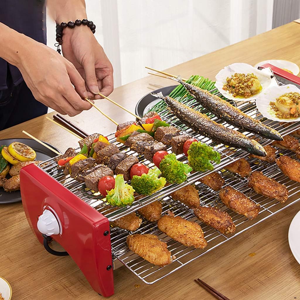 review Double Layer Electric Grill, Large Capacity, Temperature Adjustment, Detachable, Easy to Clean (Red)