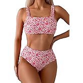 Fanuerg Women's High Waisted Bikini Sets Wide Straps Two Piece Swimsuit Floral Print Bathing Suits