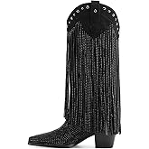AIJIVOU Women's Rhinestone Fringe Cowgirl Boots, Sparkly Western Cowboy Boots Pointed Toe Knee Block Chunky Middle Heel Pull On Mid Calf Boots for Women Girl Party