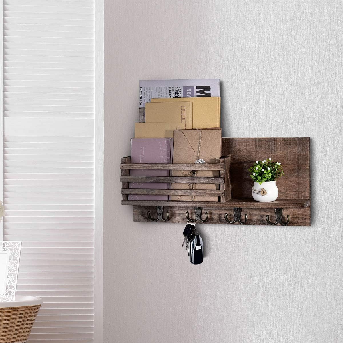 Rustic Mail Envelope Holder with 4 Key Hook Rack,Coat Rack Wall Hanging