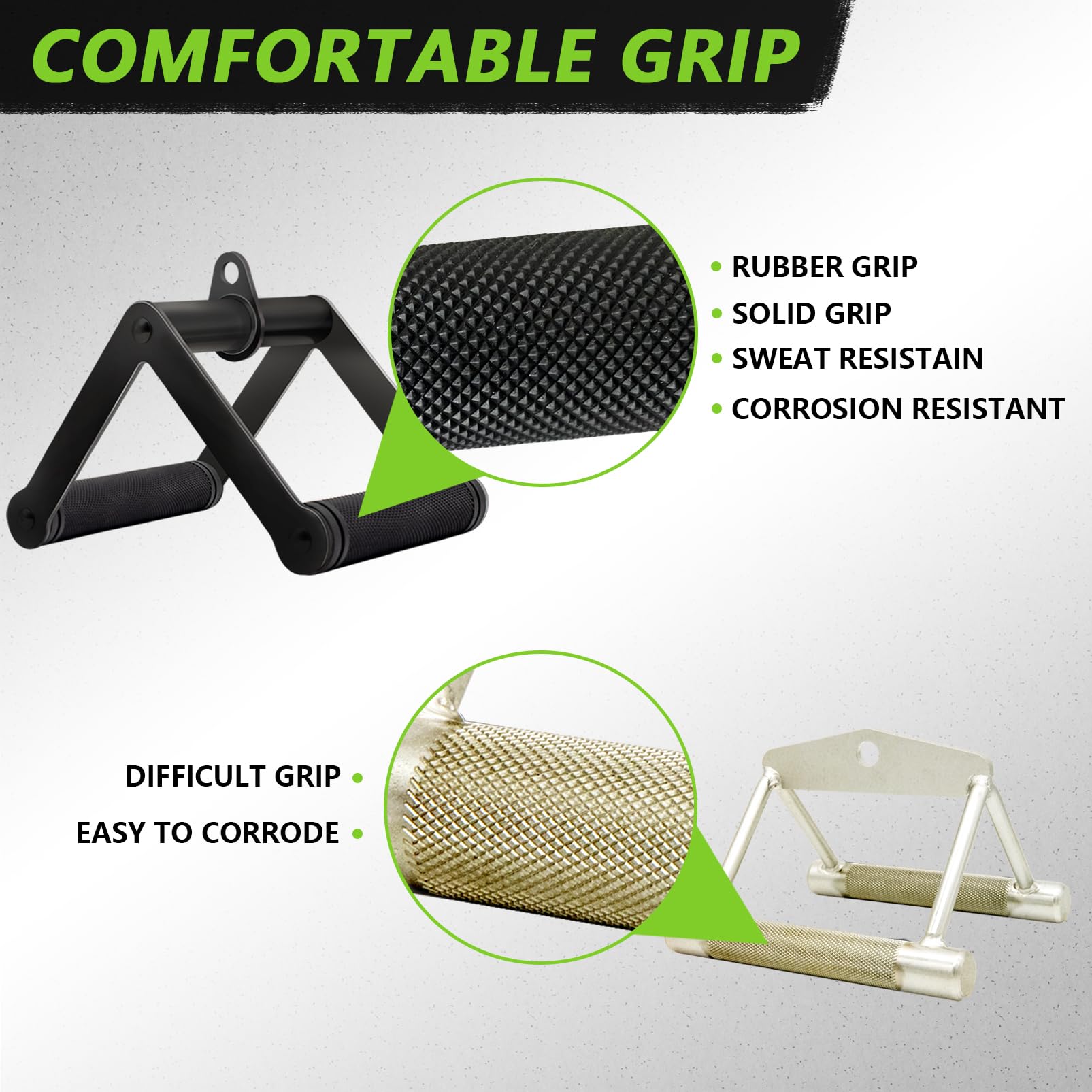 Double D Row Handle Cable Attachment for Weight Workout, Steel with Non-Slip Rubber Grip (Black)