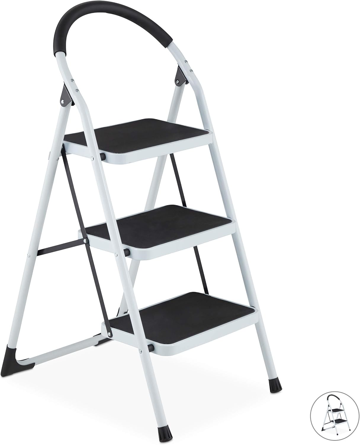 Relaxdays Trittleiter mit Handlauf, 3-stufig, Klappsicherung, Anti