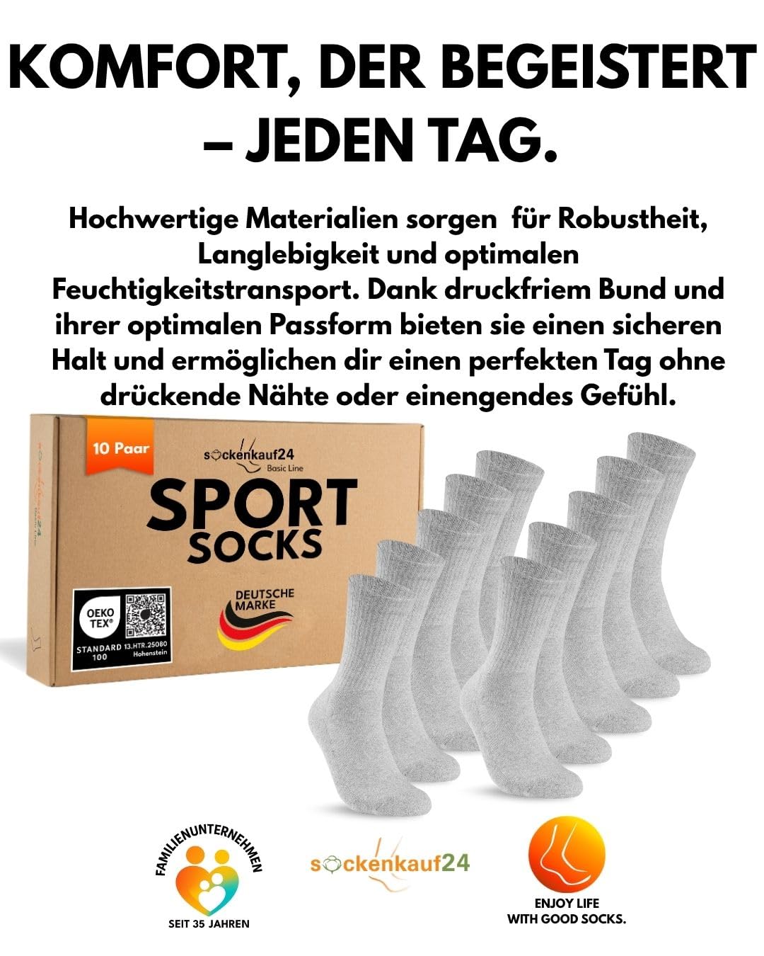 sockenkauf24 10 Paar Sportsocken Herren Grau 43-46 Tennissocken Atmungsaktive Baumwolle Crew Socken 6