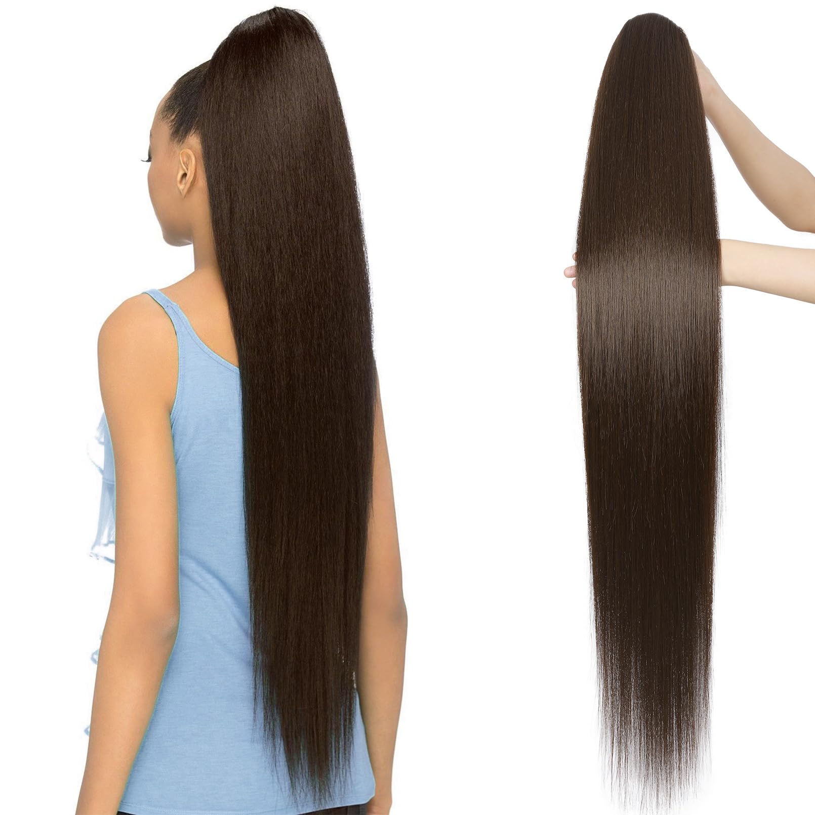 Photo 1 of SEIKEA 36" Long Straight Drawstring Ponytail Extension, Multi Layered Light Soft Tangle-Resistant Silk Touch Clip in Hair Extensions Ponytail Natural Synthetic Hairpiece for Women Black Brown