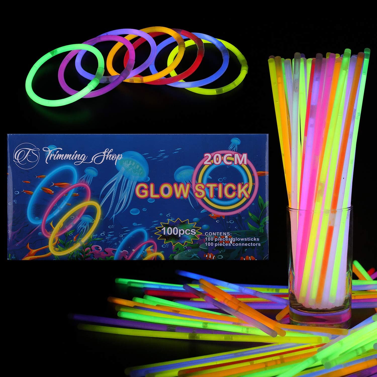 Trimming Shop Premium Glow Sticks for Children 100 Pcs Party Pack with Connectors to Make Glow Bands Necklace Bracelets