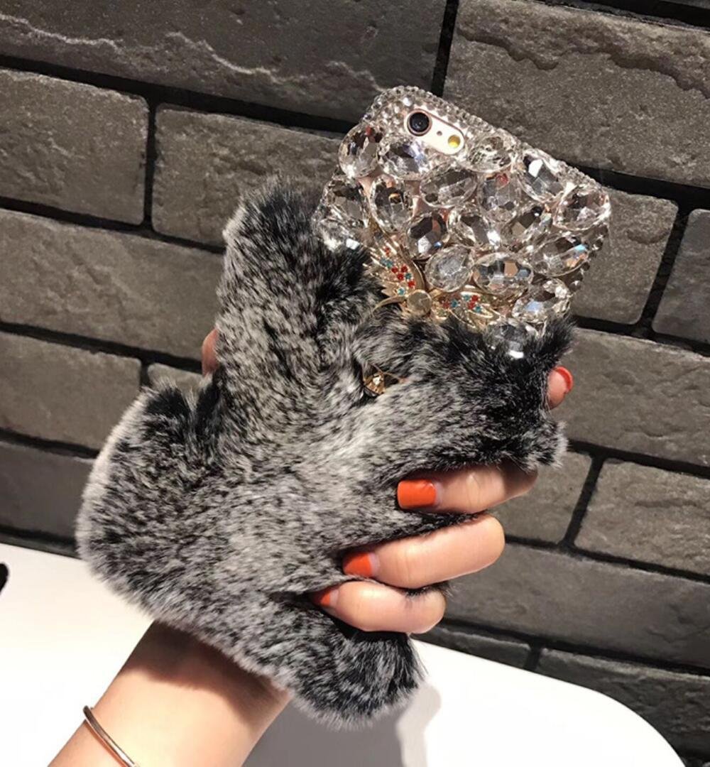 Losin Plush Case Compatible with Apple iPhone 7 Plus/iPhone 8 Plus 5.5 in Fashion Luxury Cute Fuzzy Furry Plush Fluffy Fur Bling Diamond Gemstone 3D Wings Metal Ring Stand Holder Soft TPU Back case