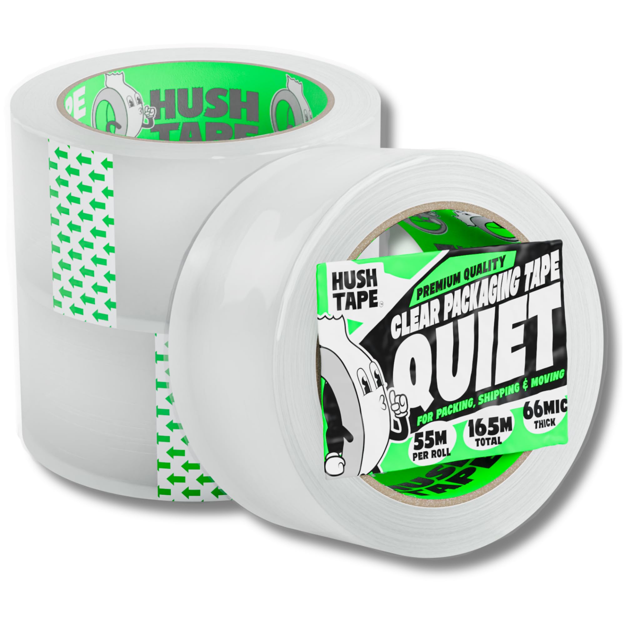 Hush Tape - Heavy Duty Low Noise Clear Packing Tape, 66 Micron, 48mm x 55m Clear Packaging Tape Strong Parcel Tape for Moving House, Shipping, and Sealing Boxes - 3 Rolls