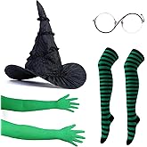 Probeauty Witch Halloween Costume Accessories Set, Black Witch Hat Glasses Green Gloves Striped Stockings for Adult Cosplay Dress Up Party