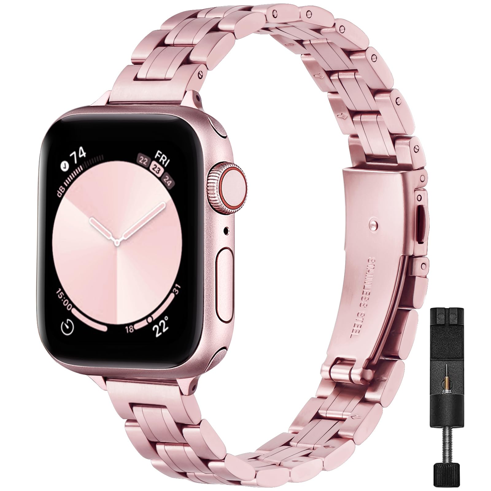 STIROLL Thin Replacement Band Compatible for Apple Watch 49mm 46mm 45mm 44mm 42mm(Series 3 2 1), Stainless Steel Metal Wristband Women Men for iWatch Ultra SE Series 11 10 9 8 7 6 5 4, Rose Pink