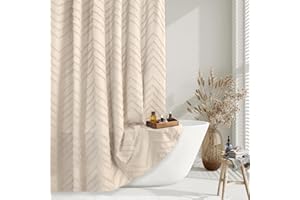 TURKIO Beige Boho Shower Curtain 72 x 72 Modern Farmhouse Shower Curtain Bohemian Chic Tufted Chevron Textured Striped Minimalist Shower Curtain Woven Fabric Cute Beige/Cream Shower Curtain