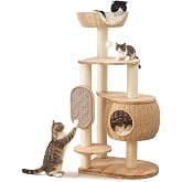 Modern Cat Tree，Cat Tower with Scratching Post, Handwoven Pumpkin Nests and Baskets,Sisal Blanket