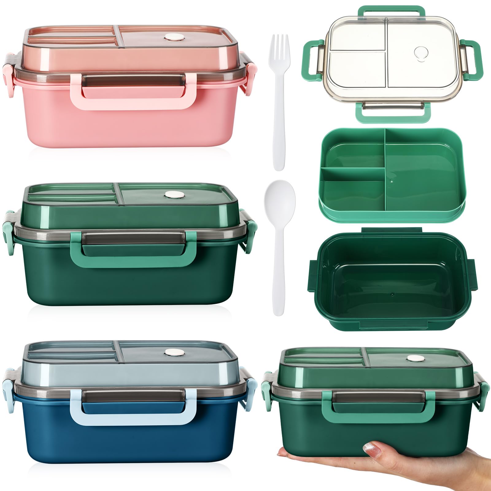 Photo 1 of Hushee 3 Pack 42 oz Bento Lunch Box First Day of School Back to School 2 Layers 3 Compartments Bento Plastic Box for Adults, Microwave Dishwasher and Freezer Safe Lunch Snack Containers and Cutlery