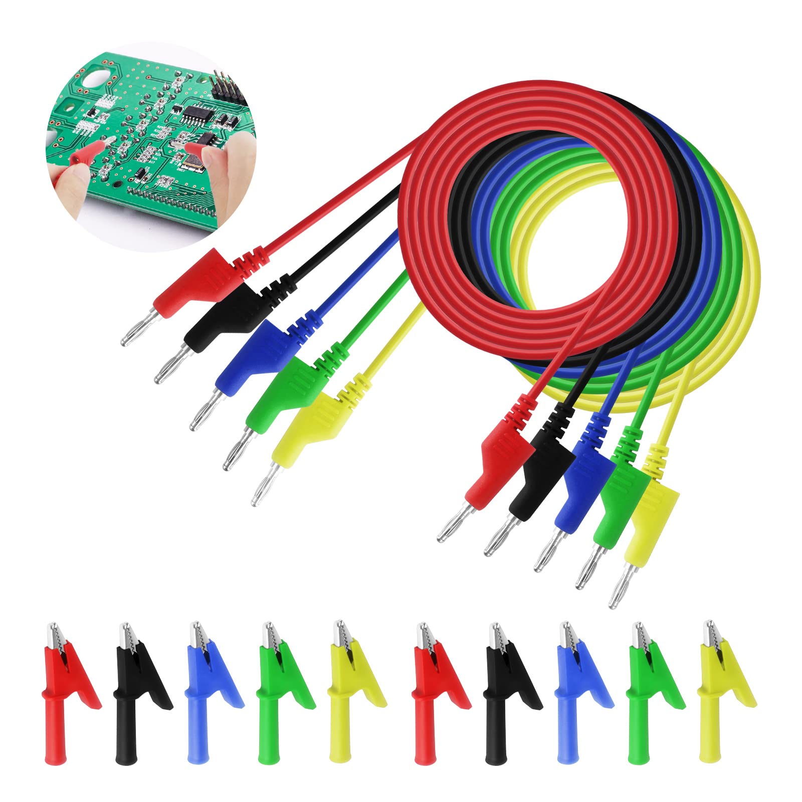 5Pcs Multimeter Test Leads Set, 4mm Double Ended Banana Test Leads with 10pcs Crocodile Clips, 1M test leads banana plug for Physics lab, workshop, school, home and industry (1000V / 19A)