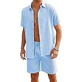 LecGee Linen Sets For Men Button Down Cuban Guayabera Shirt Shorts Set 2 Piece Linen Outfits