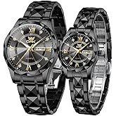 OPK His and Her Couple Watches Set Romantic Love Gift Day Date Stainless Steel Luminous Waterproof Black Silver Gold Tone a Pair 2 Wrist Watches Matching Set