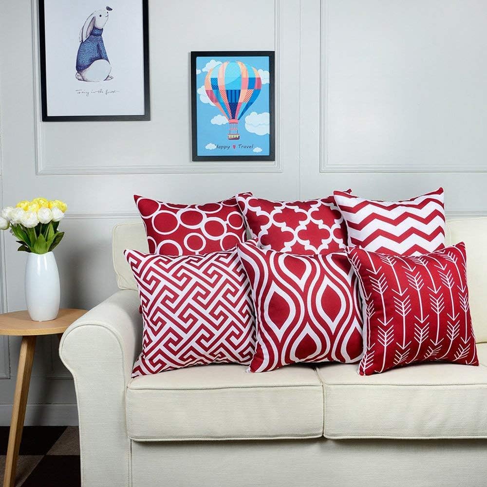 JCarry Throw Pillow Cover 18x18 Set of 6, Geometric Pattern Pillow Cases, Super Soft Cotton Blend Cushion Cover, Home Decorative Pillow Cover for Living Room Bedroom Car Sofa, 45x45cm (Red)