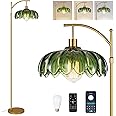 QIYIZM Gold Floor Lamp for Living Room,Bedroom,Mid Century Modern Standing Lamp with Remote,Dimmable Brass Tall Lamp Green Glass Lamp Vintage Retro Arc Floor Lamps Flower Floor Light Boho Bohemian