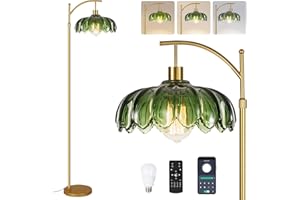 QIYIZM Glass Floor Lamp for Living Room,Bedroom,Gold Dimmable Standing Lamp with Remote,Mid Century Modern Brass Tall Lamp Boho Vintage Retro Floor Lamps Arc Green Flower Floor Light Lamp Bohemian