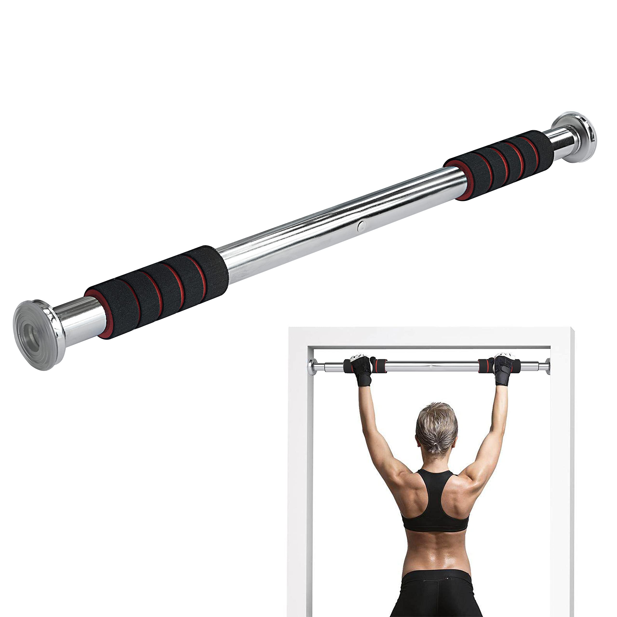 Adjustable Door Pull Up Bar, Wide Grip, Foam Chin-Up, Heavy Duty Metal, Home Fitness Door Exercise Bar, BLACK RED