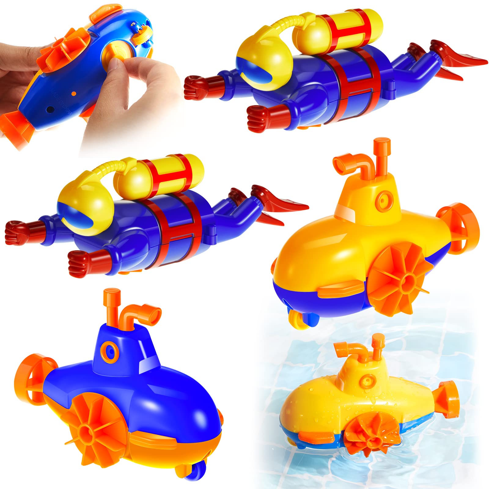 Photo 1 of 4 Pieces Diver Toys Set Swimming Windup Bathtub Toys for Kids Floating Submarine Fun Wind up Scuba Diver for Swimming Pool Underwater Party Favors for Boys and Girls