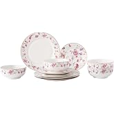 Lorren Home Trends Bone China Floral Dinnerware Set, 12-Piece | Serves 4, Rose Floral Design, Glazed Finish, Dishwasher Safe