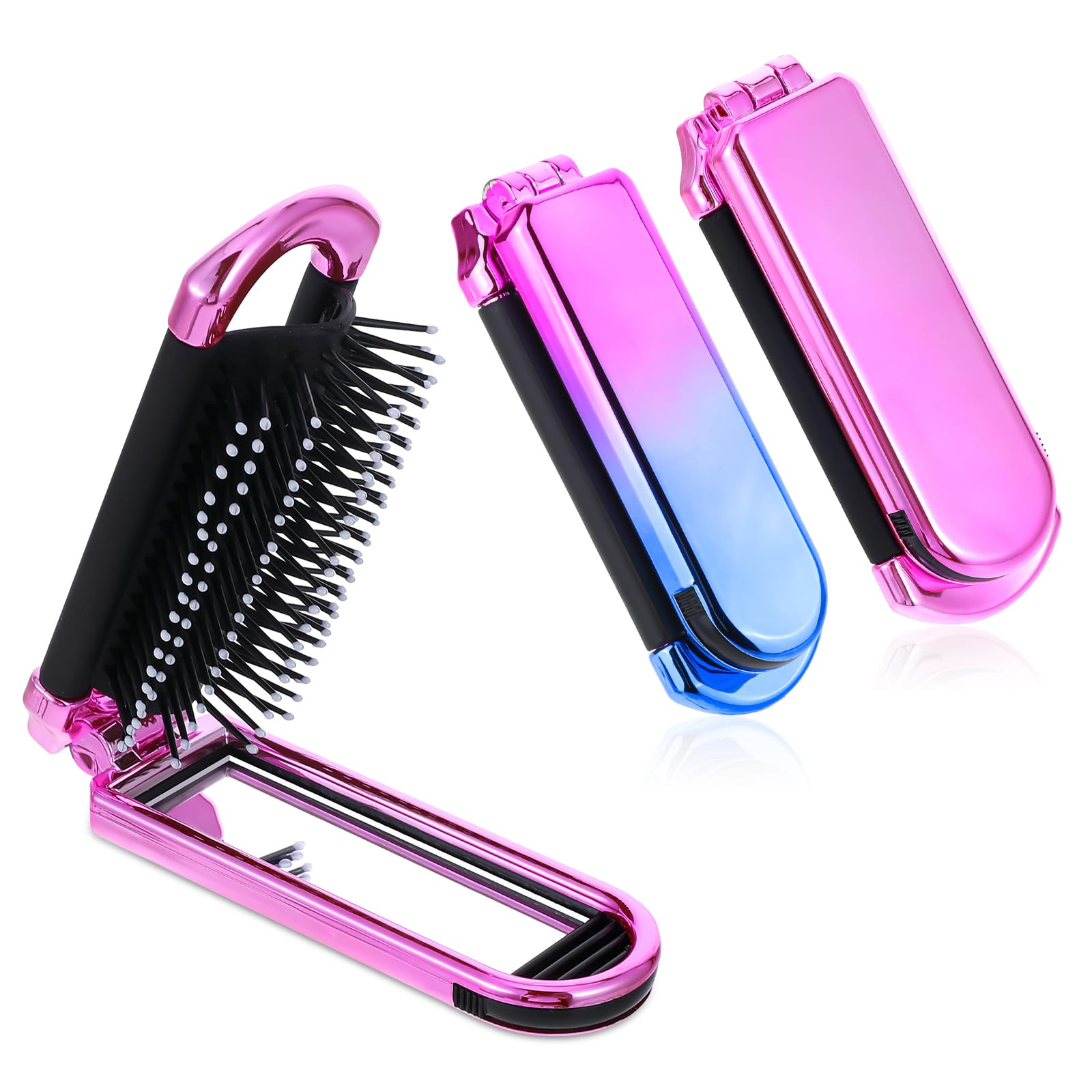 2 Pack Pink & Gradient Foldable Hair Brush with Mirror, Compact Travel Size Massage Comb for Women and Men