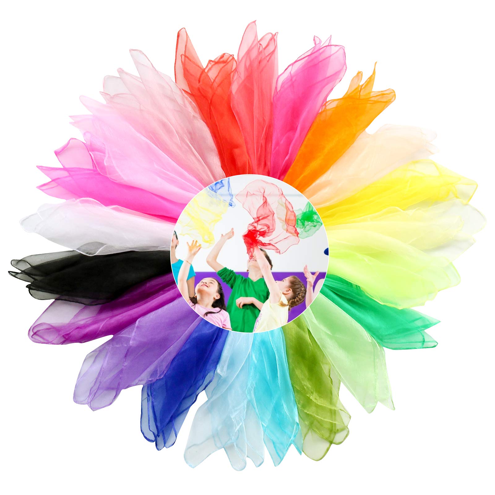 SumDirect Dance Scarves, Children Dance Juggling Scarf 60 x 60cm, Multicolor Square Silk Dance Scarf with Hemmed Edges, Baby Sensory Toys, Rhythm Band, Magic Performance Props Accessories（21 Colors）