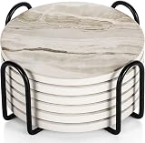 LIFVER Coasters Set of 6 Marble Ceramic with Holder and Cork Back 4in view 1