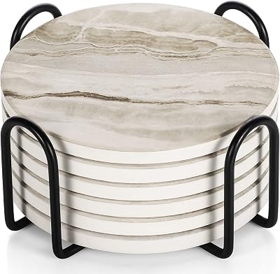 LIFVER Coasters Set of 6 Marble Ceramic with Holder and Cork Back 4in