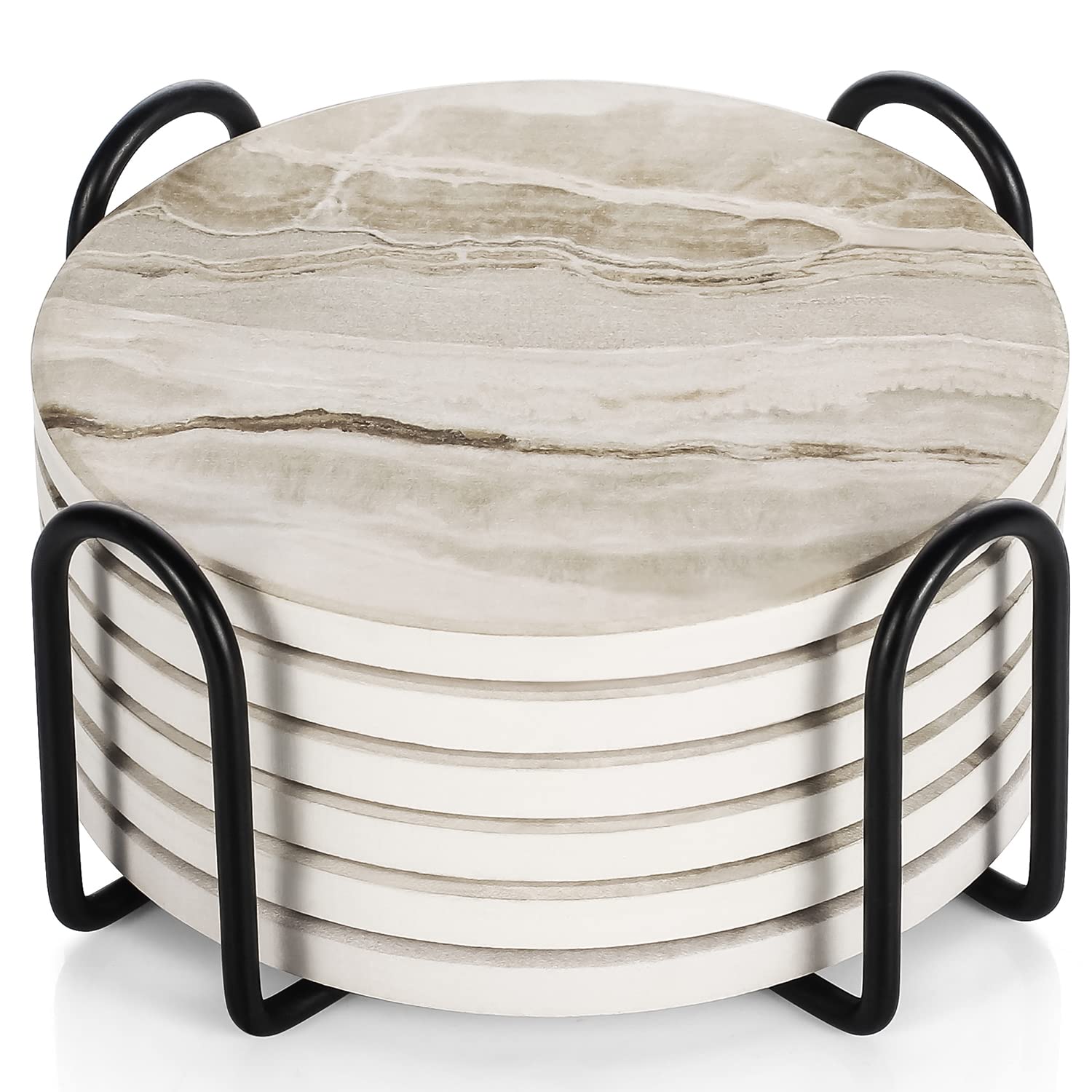 LIFVER Coasters Set of 6 - Marble Ceramic With Holder and Cork Base for Women Men, Various Cups, Tables & Home Decor, 4''