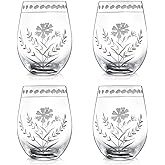 Joeyan Hand Blown Etched Stemless Wine Glasses,Carved Red and White Wine Tumbler with Floral Pattern,Clear Drinking Glass Cups,Glassware for Birthday Party Anniversary,19 oz,Set of 4,Dishwasher Safe