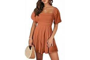 AlvaQ Womens Summer Cute Puff Sleeve Elastic Square Neck Mini Short Romper with Pockets