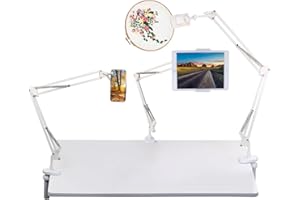 Leyanny Embroidery Hoop Stand, Metal Collapsible Tablet Stand Phone Holder with 360°Rotation, Adjustable 3-in-1 Hoop/Tablet/Phone Holder on Desk, Bed, Table, Kitchen Counter
