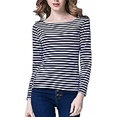 Tulucky Women's Casual Long Sleeve Shirts Stripe Tees Round Neck Tank Tops