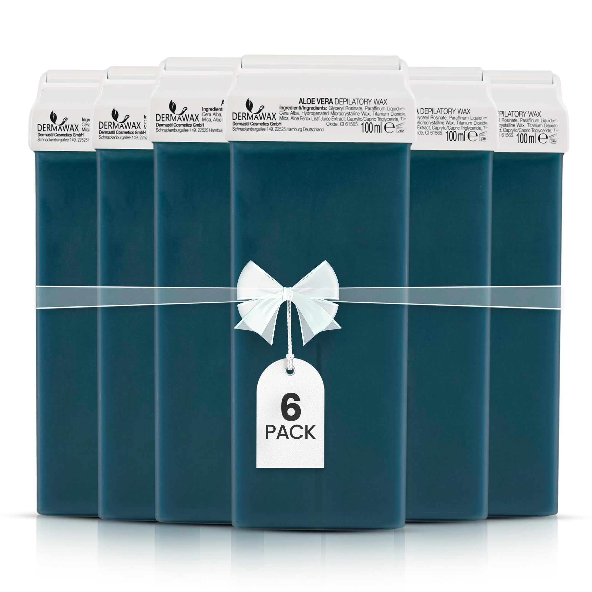 DERMAWAX 6x100ml Aloe Vera Roll On Wax Cartridges Refill – Soft Strip Wax for Sensitive Skin – For Use with Roll-On Wax Heater & Non-Woven Strips (Not Included) – Legs, Arms, Underarms, Chest & Back